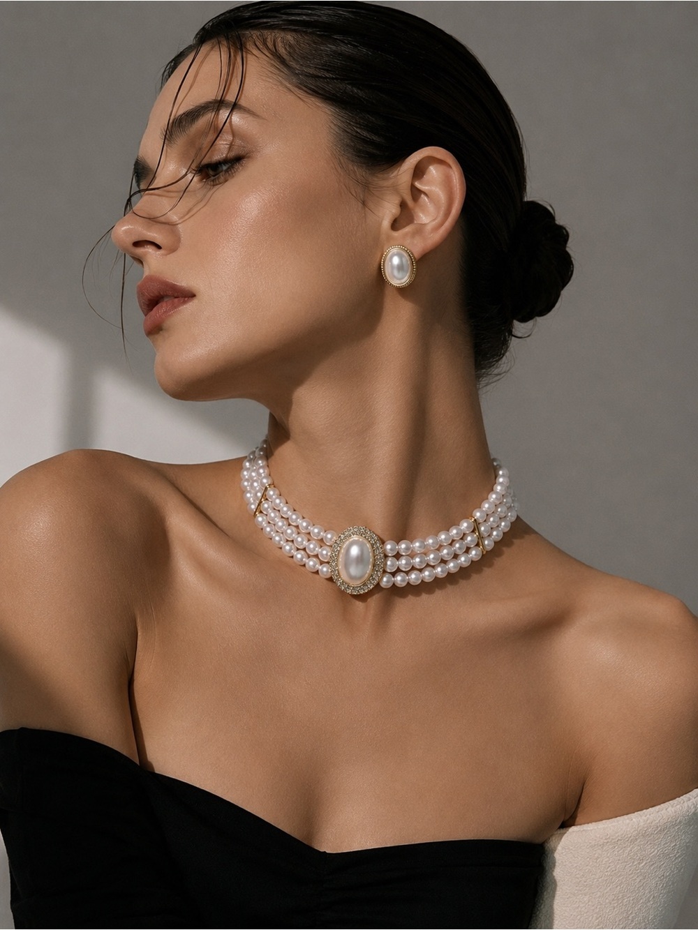 Luxury Triple Strand Pearl Choker and Earrings Set